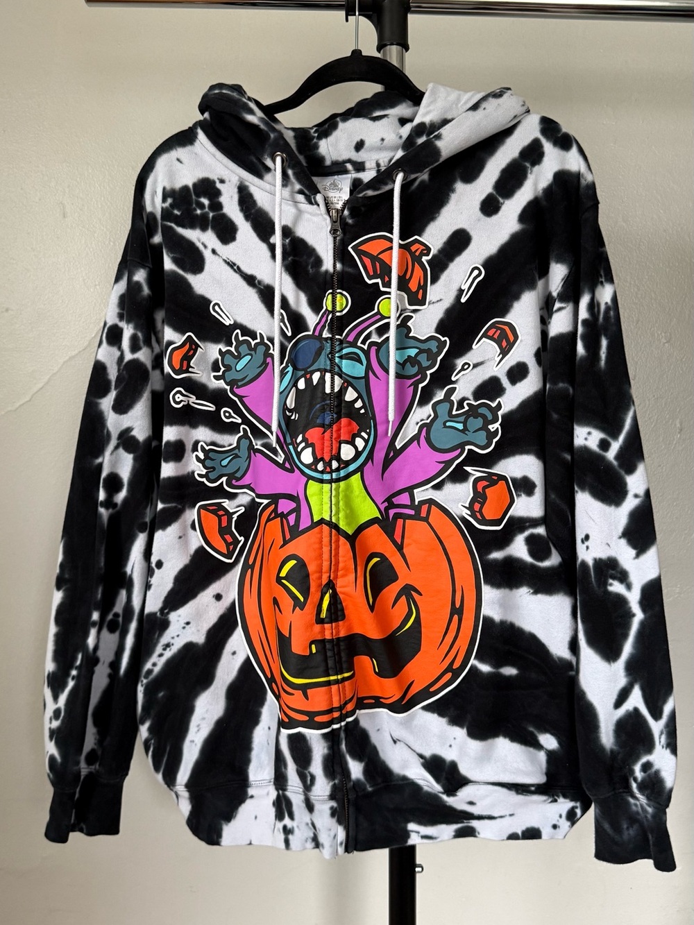 Disney Parks Halloween 2024 Stitch Pumpkin Tie Dye Zip Up Sweatshirt Large